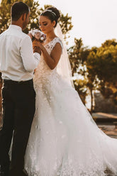 Bmbridal Cap Sleeves Wedding Dress V-Neck Long With Appliques